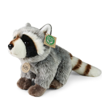 Plüschwaschbär von Rappa, grau mit weißem Gesicht und schwarzen Augenflecken, sitzt mit langem buschigen Schwanz.