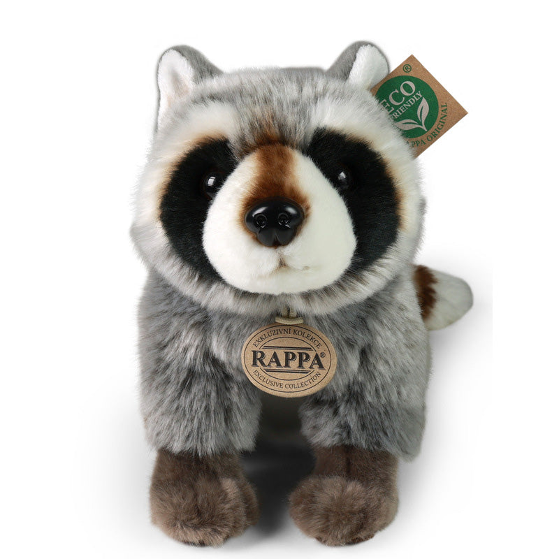 Frontalansicht des Plüschwaschbären, große Knopfaugen, schwarzer Nasenknopf und typisches Gesichtsmuster.