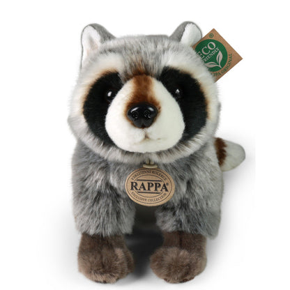 Frontalansicht des Plüschwaschbären, große Knopfaugen, schwarzer Nasenknopf und typisches Gesichtsmuster.