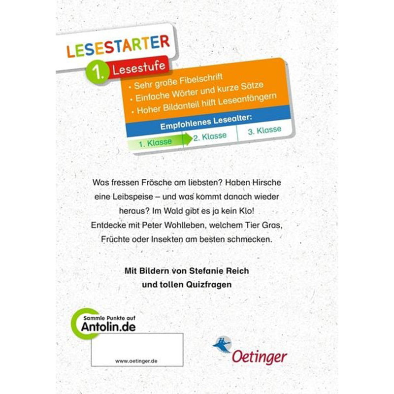 Peter Wohlleben erklärt spannend, was Tiere im Wald fressen. Mit großen Buchstaben, vielen Bildern und Quizfragen – ideal für Leseanfänger ab 1. Klasse.
