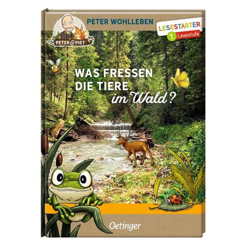 Buchcover von „Was fressen die Tiere im Wald?“ aus der Reihe Peter &amp; Piet von Peter Wohlleben, erschienen bei Oetinger. Es gehört zur Lesestarter-Reihe (1. Lesestufe). Abgebildet sind ein Wald mit Bach, ein Reh, eine große grüne Froschillustration im Vordergrund sowie weitere Tiere wie Schmetterling und Schnecke.
