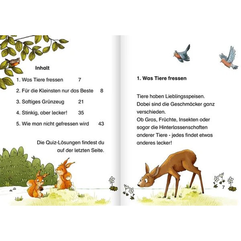 Innenseite des Kinderbuchs Tierkinder im Wald von Peter Wohlleben. Links das Inhaltsverzeichnis mit den Kapiteln: 1. Was Tiere fressen (Seite 7), 2. Für die Kleinsten nur das Beste (Seite 8), 3. Saftiges Grünzeug (Seite 21), 4. Stinkig, aber lecker! (Seite 35), 5. Wie man nicht gefressen wird (Seite 43). Rechts der Beginn von Kapitel 1 „Was Tiere fressen“ mit Text über die unterschiedlichen Lieblingsspeisen von Tieren – Gras, Früchte, Insekten oder auch Hinterlassenschaften anderer Tiere. Illustrationen zei