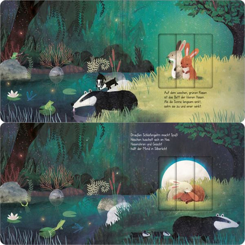 Buchseite mit schlafenden Tieren im Wald bei Mondschein; ein Hase kuschelt sich an einen zweiten Hasen, daneben liegen Dachs und andere Tiere am Fluss. Buchseite mit nächtlicher Waldszene; ein Dachs liegt am Flussufer, ein Frosch sitzt auf einem Seerosenblatt und zwei Hasen sitzen zusammen im Gras.