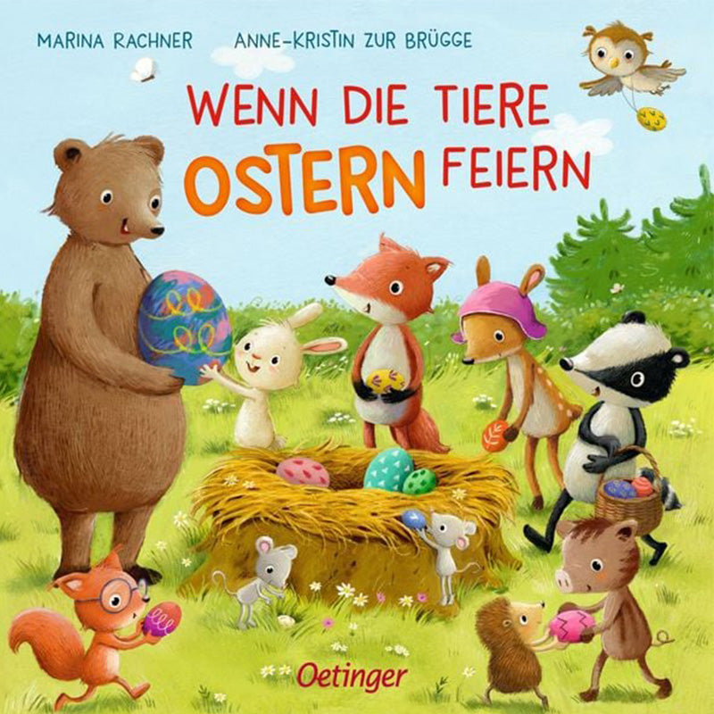 Buchcover (Variante): Gleiche Szene – Tiere feiern gemeinsam Ostern mit bunten Eiern in einem Nest.