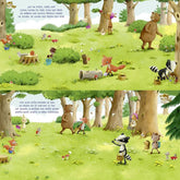 Buchseite: Tiere suchen im Frühlingswald nach Ostereiern – fröhliche Szenerie mit Bär, Fuchs, Dachs, Eichhörnchen und weiteren Waldbewohnern.
