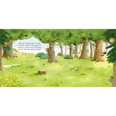 Buchseite: Sonnenlicht im Frühlingswald, Tiere schauen neugierig aus ihren Verstecken – friedliche Stimmung zum Osterbeginn.