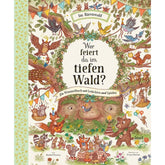 Buchcover
Das Cover zeigt ein bunt illustriertes Wimmelbuch mit vielen Waldtieren, die fröhlich feiern. In der Mitte steht der Titel „Wer feiert da im tiefen Wald?“ umgeben von einem grünen Blätterrahmen. Rundherum sieht man Tiere wie Bären, Füchse, Eulen, Vögel und Eichhörnchen – alle sind mitten in den Vorbereitungen für ein Fest im Wald.