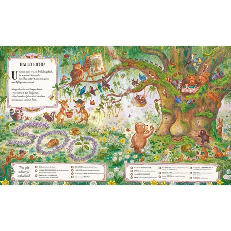 Innenansicht – Waldleben entdecken
Eine weitere bunte Wimmel-Doppelseite. Die Tiere sind mitten im Waldalltag, einige lesen, andere picknicken oder basteln. Wieder gibt es zahlreiche Suchaufgaben, Fragen und kleine Texte, die zum Mitmachen und Entdecken einladen.