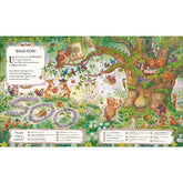 Innenansicht – Waldleben entdecken
Eine weitere bunte Wimmel-Doppelseite. Die Tiere sind mitten im Waldalltag, einige lesen, andere picknicken oder basteln. Wieder gibt es zahlreiche Suchaufgaben, Fragen und kleine Texte, die zum Mitmachen und Entdecken einladen.