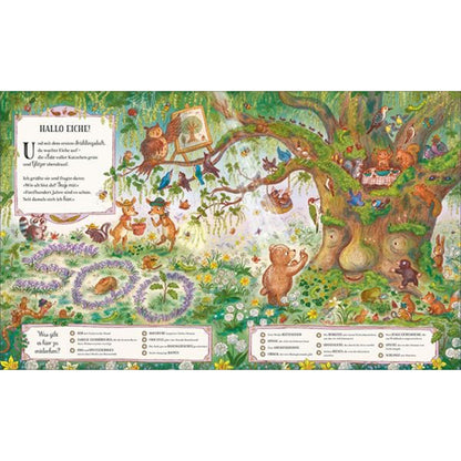 Innenansicht – Waldleben entdecken
Eine weitere bunte Wimmel-Doppelseite. Die Tiere sind mitten im Waldalltag, einige lesen, andere picknicken oder basteln. Wieder gibt es zahlreiche Suchaufgaben, Fragen und kleine Texte, die zum Mitmachen und Entdecken einladen.