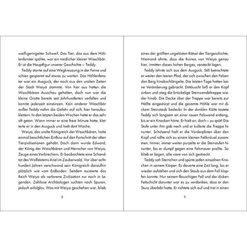 Buchseite – Schwarzer Text auf weißem Hintergrund, Waschbär Teddy entdeckt eine alte Höhle und ein verborgenes Königreich.