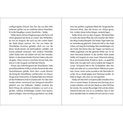 Buchseite – Schwarzer Text auf weißem Hintergrund, Waschbär Teddy entdeckt eine alte Höhle und ein verborgenes Königreich.