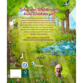 Rückseite eines Kinderbuchs mit Waldillustration: Bäume, Wiese, Teich mit Seerosen, Schmetterlingen, Vögeln und Rehen. Textvorstellung einer Geschichte über das Aufwachsen von Tierkindern, unten Autorenfoto von Peter Wohlleben.