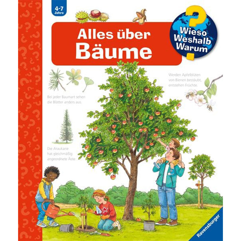 Buchcover von „Alles über Bäume“ aus der Reihe Wieso? Weshalb? Warum? zeigt einen Apfelbaum und Kinder, die Pflanzen setzen und Äpfel pflücken.