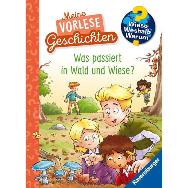 Ravensburger Buch Meine Vorlesegeschichten – Was passiert in Wald und Wiese? aus der Reihe Wieso? Weshalb? Warum? für Kinder von 4–7 Jahren, Cover mit Illustration spielender Kinder im Wald.