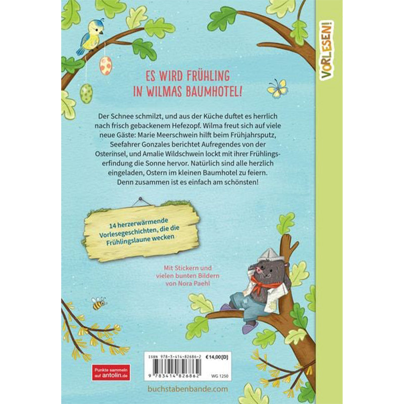 Buchrückseite von „Wilma Walnuss – Frühling im kleinen Baumhotel“. Beschreibung der Geschichte mit frühlingshaften Illustrationen und Tieren zwischen Blättern und Zweigen.