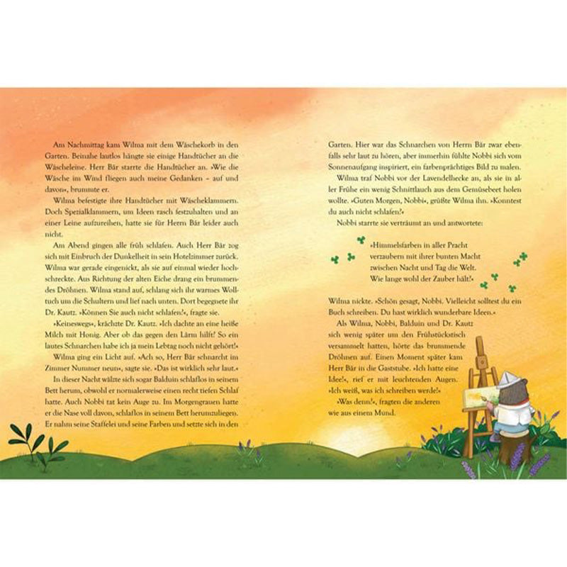 Innenseiten des Buches. Frühlingshafte Szene im Garten des Baumhotels bei Sonnenaufgang. Wilma und ihre Freunde sitzen zusammen, grüner Wiesenhintergrund.