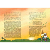 Innenseiten des Buches. Frühlingshafte Szene im Garten des Baumhotels bei Sonnenaufgang. Wilma und ihre Freunde sitzen zusammen, grüner Wiesenhintergrund.