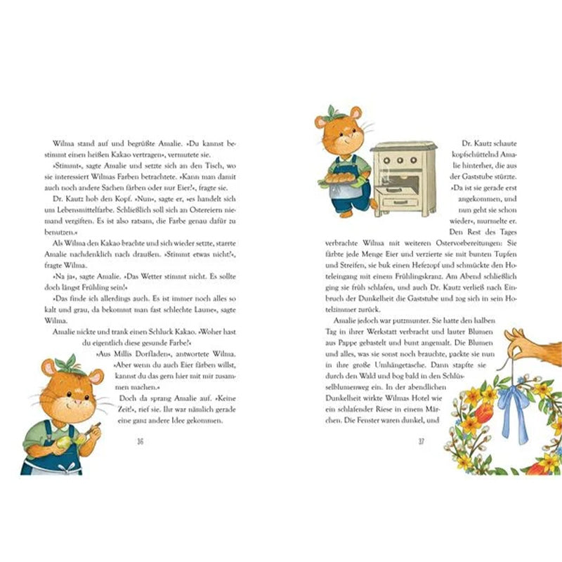 Innenseiten des Buches. Wilma bringt Kuchen, Amalie untersucht Farben, frühlingshafte Küchenszene mit kleinen Illustrationen.
