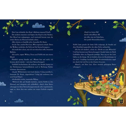 Innenseiten des Buches. Abendliche Szene unter Sternenhimmel. Die Freunde feiern auf einer Holzterrasse in den Baumkronen, Lampions leuchten, gemütliche Atmosphäre.