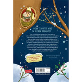Buchrückseite „Wilma Walnuss – Winter und Weihnachten im kleinen Baumhotel“ mit winterlichem Baum und Eule.
