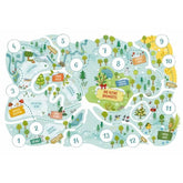 Buchinnenseite mit Karte vom kleinen Baumhotel und umliegenden Orten im Winter.