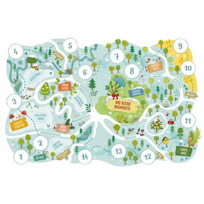 Buchinnenseite mit Karte vom kleinen Baumhotel und umliegenden Orten im Winter.