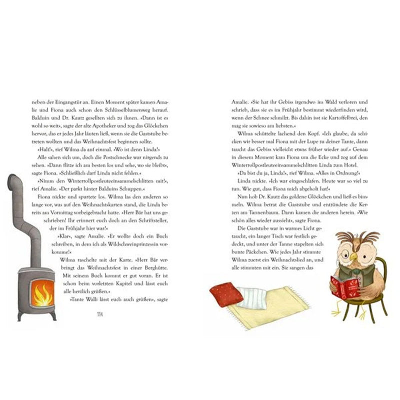 Buchseite mit Text und Illustrationen von Ofen, Decke und Eule mit Buch.