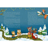 Buchseite mit Text und winterlicher Szene mit Wilma und Freunden zwischen Lichtern und Schnee.