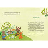 Innenseite 1 aus dem Buch.
Eine Vorleseseite mit Text und einer farbenfrohen Illustration: Wilma trinkt mit ihren Freunden – darunter ein Biber, ein Eichhörnchen, ein Schaf und ein Reh – gemütlich Tee im Garten.