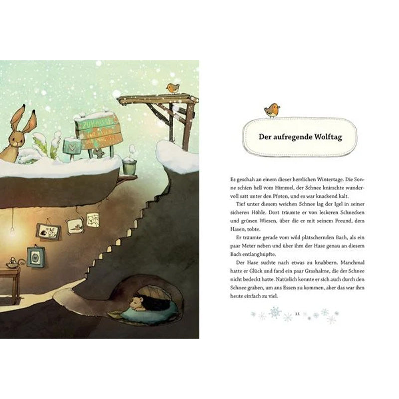 Buchseite mit Winterlandschaft. Links ein Hasenbau unter Schnee mit Eingang und Treppe, rechts der Titel „Der aufregende Wolftag“ mit Text. Hase und Igel sind in ihrer warmen Höhle dargestellt.