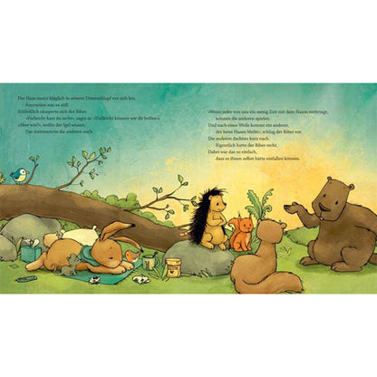 Wir zwei sind füreinander da – Pappbilderbuch Innenseite mit Hase, Igel, Biber und weiteren Tieren auf der Wiese