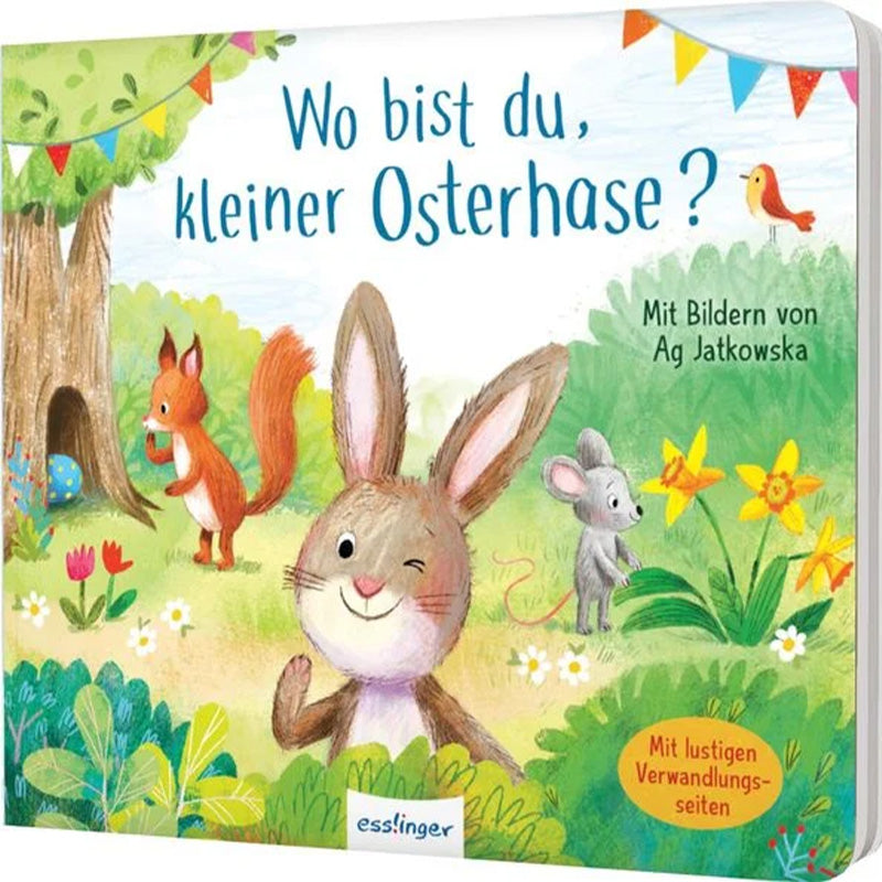 Buchcover: Fröhliches Cover des Kinderbuchs „Wo bist du, kleiner Osterhase?“ mit einem lachenden Hasen, einer kleinen Maus, einem Eichhörnchen und bunten Frühlingsblumen auf einer Wiese.