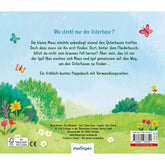 Buchrückseite: Beschreibung der Geschichte mit bunten Illustrationen von Blumen, Büschen, Schmetterlingen und einem kleinen Vogel auf einer Frühlingswiese.