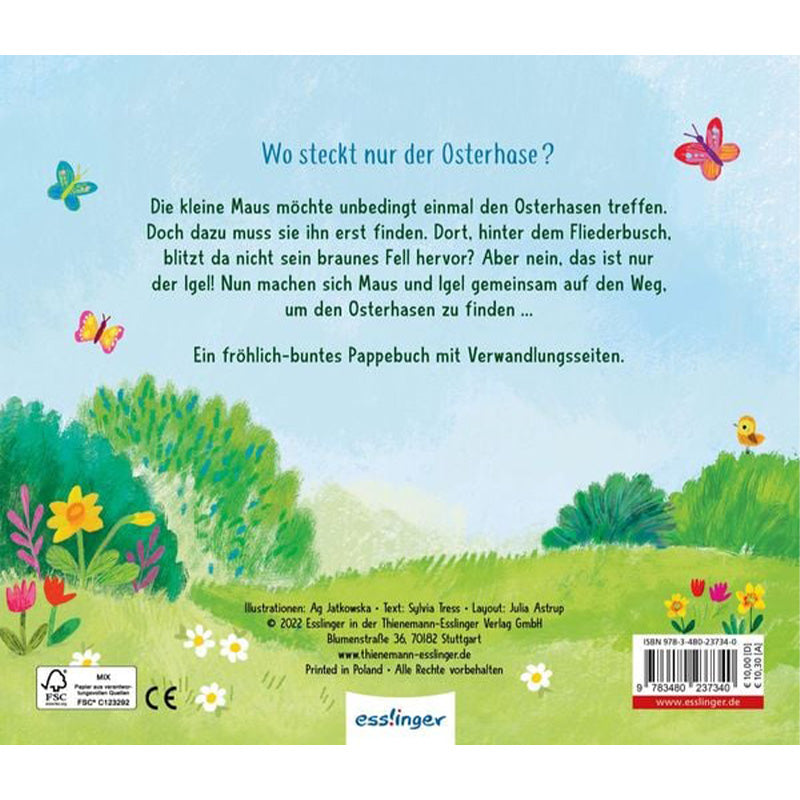 Buchrückseite: Beschreibung der Geschichte mit bunten Illustrationen von Blumen, Büschen, Schmetterlingen und einem kleinen Vogel auf einer Frühlingswiese.