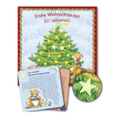 Adventsposter mit Weihnachtsbaum, auf den leuchtende Sterne geklebt werden können; dazu 24 Geschichtenkarten mit täglichen Leo-Lausemaus-Abenteuern in der Vorweihnachtszeit.