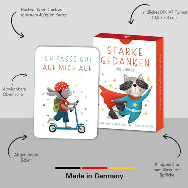 Produktansicht der Kartenbox Starke Gedanken mit Beispielkarte auf grauem Hintergrund, Illustration eines Tieres auf Roller, Hinweisen zu abwischbarer Oberfläche, abgerundeten Ecken und handlichem DIN-A7-Format