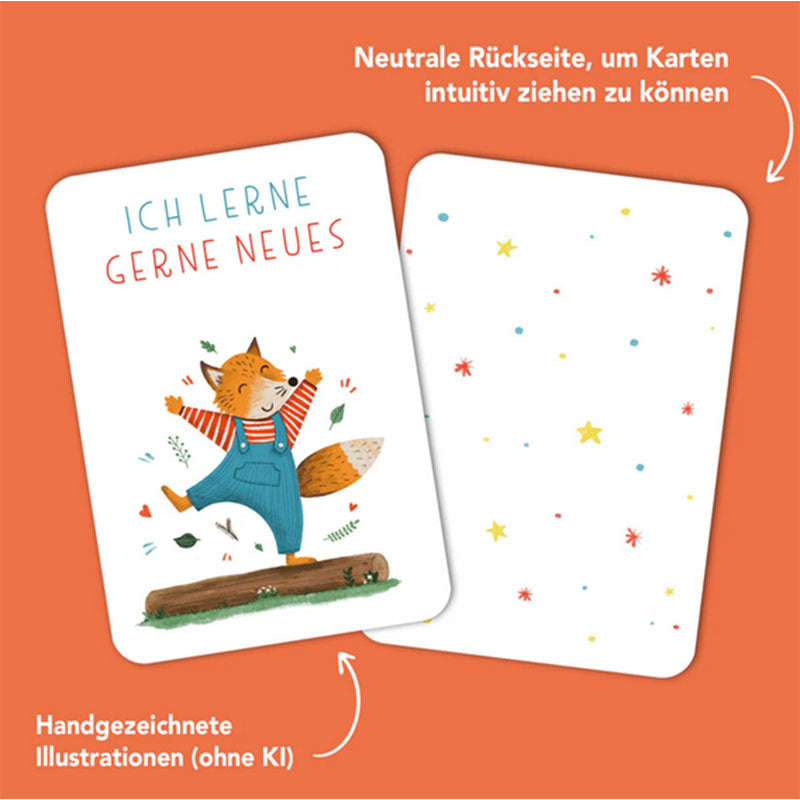 Vorder- und Rückseite einer Affirmationskarte, vorne mit Fuchsillustration und dem Text Ich lerne gerne Neues, hinten neutrales Muster mit bunten Sternen und Punkten