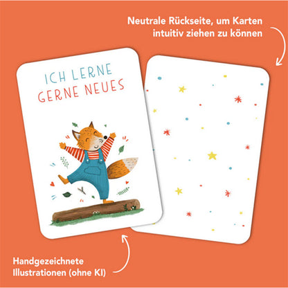Vorder- und Rückseite einer Affirmationskarte, vorne mit Fuchsillustration und dem Text Ich lerne gerne Neues, hinten neutrales Muster mit bunten Sternen und Punkten