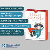 Produktübersicht der Kartenbox Starke Gedanken mit Infotexten zu 40 Affirmationen, kindgerechten Sprüchen, täglicher Routine und klimaneutralem Druck