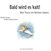 Buchseite (Titelseite innen): Titel „Bald wird es kalt! Wie Tiere im Winter leben“ mit einer Illustration eines Rotkehlchens auf einem verschneiten Ast.