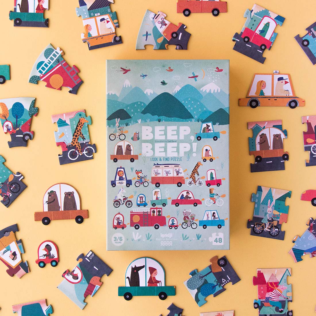 Verpackung des Beep Beep Kinderpuzzles mit Fahrzeugillustration