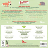 Rückseite der Spielverpackung mit Infos zum Spiel „Big Memo Forest“, Beschreibung in mehreren Sprachen und Angaben zu Nachhaltigkeit (FSC-zertifiziert, pflanzenbasierte Farben)