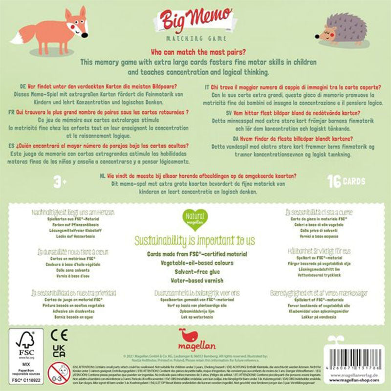 Rückseite der Spielverpackung mit Infos zum Spiel „Big Memo Forest“, Beschreibung in mehreren Sprachen und Angaben zu Nachhaltigkeit (FSC-zertifiziert, pflanzenbasierte Farben)
