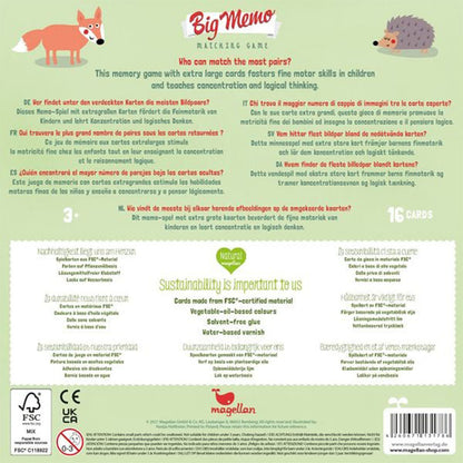 Rückseite der Spielverpackung mit Infos zum Spiel „Big Memo Forest“, Beschreibung in mehreren Sprachen und Angaben zu Nachhaltigkeit (FSC-zertifiziert, pflanzenbasierte Farben)