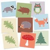 Auswahl verschiedener Memory-Karten mit Waldtieren (z. B. Dachs, Wildschwein, Igel, Fuchs, Eule) sowie Blättern, Pilz und Baum.