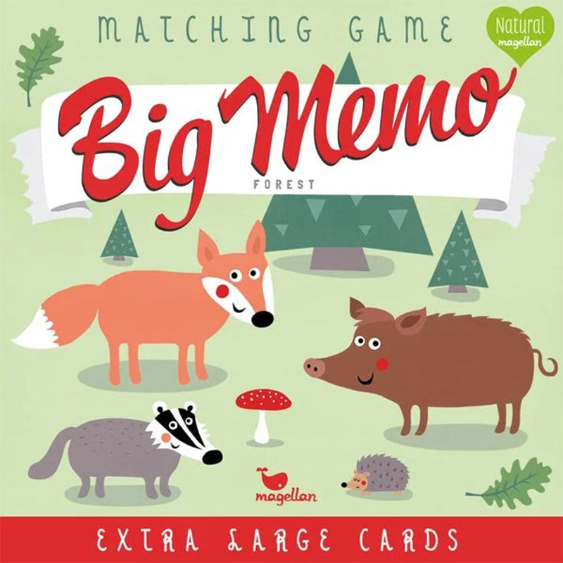 Spielschachtel des Memory-Spiels „Big Memo Forest“ von Magellan mit Waldtieren wie Fuchs, Wildschwein, Dachs und Igel.