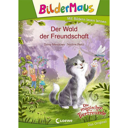 Buchcover „Der Wald der Freundschaft“ mit lachender Katze und zwei Kindern im Wald.