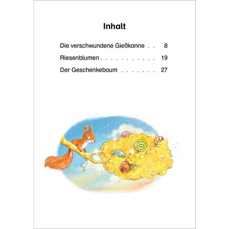 Buchseite Inhaltsverzeichnis mit Illustration eines Eichhörnchens und Süßigkeitenwolke.