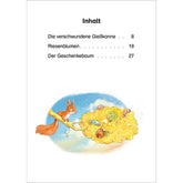 Buchseite Inhaltsverzeichnis mit Illustration eines Eichhörnchens und Süßigkeitenwolke.